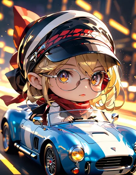 (Photorealistic vintage open sports car), detailed chrome trim, smooth blue body,white stripes, glossy black rims, glossy paint, Woman in sunglasses, blonde, scarf、head scarf、cute girl driving, dramatic lighting, cinematic angles, intricate engine details,...