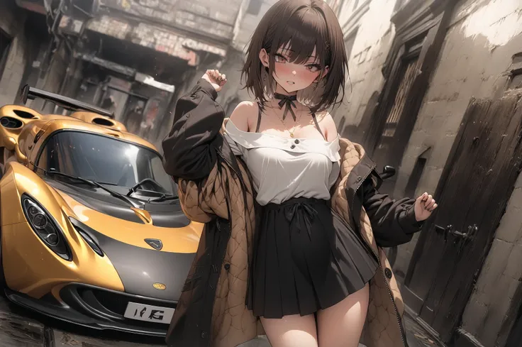 (masterpiece, detailed:1.2), One Girl, (18-years old), brown long Bob Cut, Medium Breasts, off shoulder, BREAK, Highest quality, in UK, BREAK, standing, "LOTUS EXIGE", 