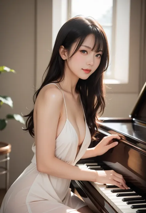 Score_9, Score_8_Up, Score_7_Up, 16k, Masterpiece, Exquisite, Very Detail, Very Detail, Exquisite Details, 16k, Genuine, Top Quality, Masterpiece, Ultra High Resolution, RAW Photo, Real, Beautiful Woman Playing Piano Naked, 18 years old, dark hair, long ha...