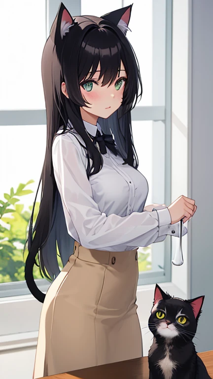        black hair, Glass, cat ears, cat&#39;   s Tail, Maid,     shopping at the market    