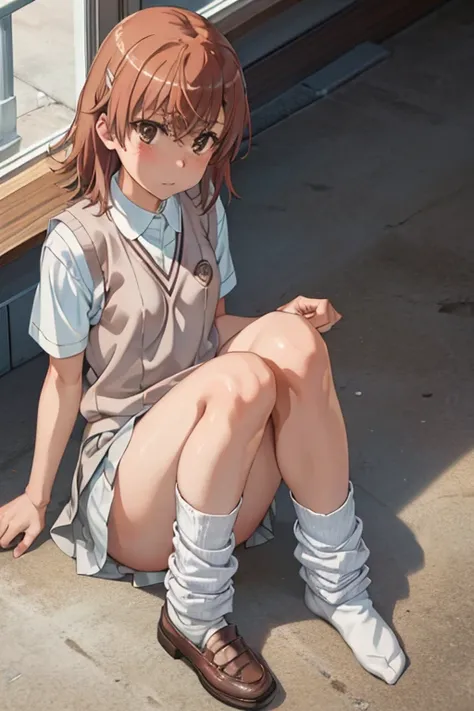 Mikoto misaka.、A Certain Scientific Railgun、girl、Small breasts、whole body,blush,Short sleeve blouse、Beige knit vest、Darkgrey plain pleated skirt、White loose socks, shoes,best quality,