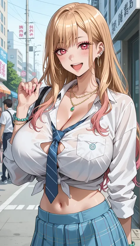  simple facing xLv2, KJOmarin,   blond hair,  long hair,  pink eye,  earrings,  ear piercing,    Multicolor Hair,  score_9,  score_8_ up the side,  score_7_ up the side,  source_anime,  Masterpiece, top quality, Big Breasts,  off shoulder shirt,  shirt wit...