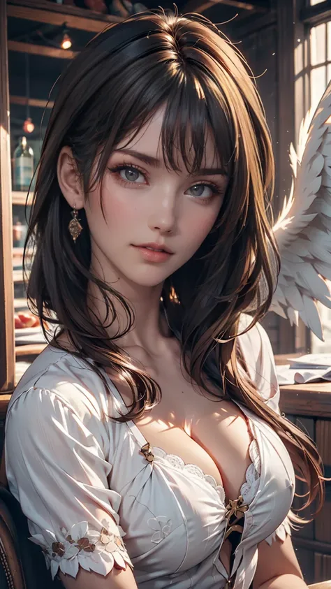 PHOTOREALISTIC WOMAN , Brown Eyed Woman,  brown hair, Ultra HD,  surrealist style ,  angel,  detailed face  