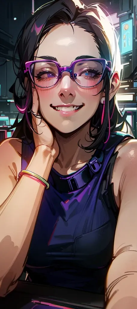 smiling woman with glasses and a blue top sitting at a table, 2 , 2 , 2 , 3 , 38 years old, 3 , 30 years old woman, 3 0 years old woman, 35 years old, 3 , very slightly smiling, slight nerdy smileHD, (Best Detail), (Best Quality), colorful, cyberpunk, neon...