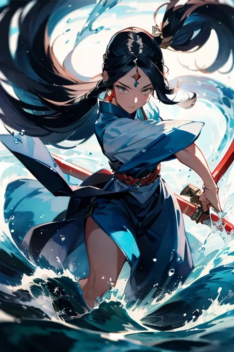 Masterpiece, 1girl, close up, wear blue hanfu, Chinese Traditional cloth, ((holding a water sword,)) long black hair, hair braid, blue wave background, water effect, ink painting style, dynamic pose, battle pose
