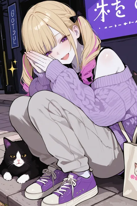 General,xxx667_illu,748cmstyle,trk,pop art, visually striking Japanese gal,1girl\(happy smiling,open mouth,hairstyle\((Smooth multi-colored twin tails,blonde color and purple color with pink highlights,Right-swept bang),The ends of the hair have soft curls...