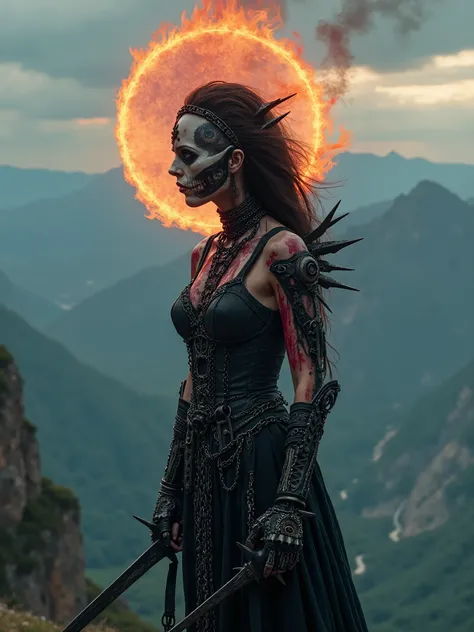 Beautiful Female cosmic entity,chain dress standing on a mountain cliff,with eye of Providence in the middle of her forehead,half skull half face,spilled with red and black goo,dark makeup,dark surrealism,dark realistic photography, dark occult art,melanch...