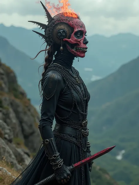 Beautiful Female cosmic entity,chain dress standing on a mountain cliff,with eye of Providence in the middle of her forehead,half skull half face,spilled with red and black goo,dark makeup,dark surrealism,dark realistic photography, dark occult art,melanch...