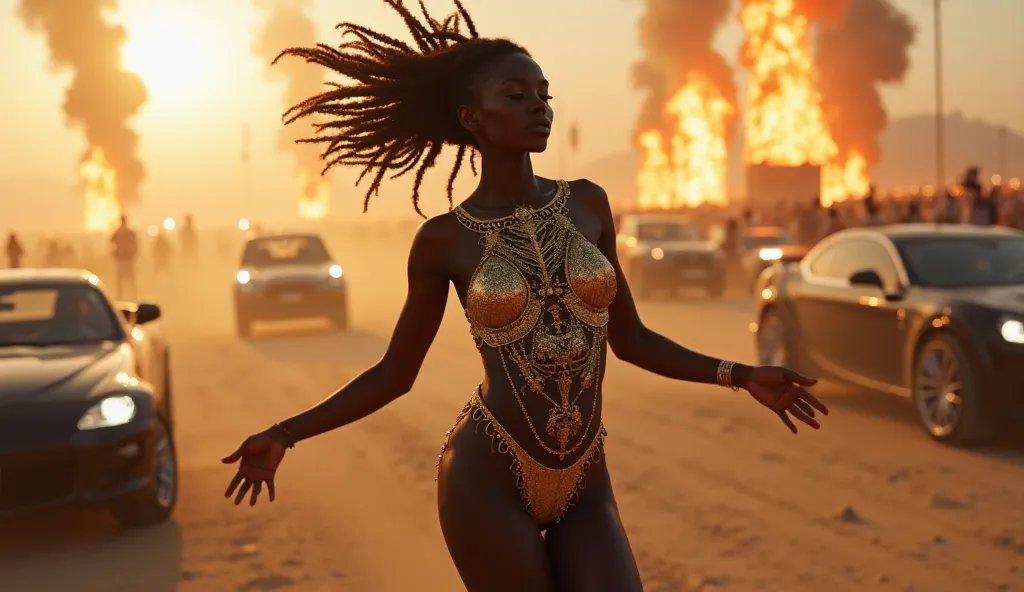 A dark-skinned woman whose body is covered in gold-colored designs, like tattoos, which gives her an exotic look. She dances while standing in a sandy environment where a music festival and car races are taking place, so cars with flashing lights pass by t...