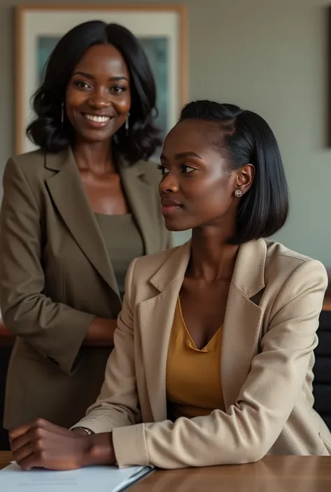 Grown African girl sitting in a office where there is a African feminist woman boss dressed simple Short Hair, Blush, 
