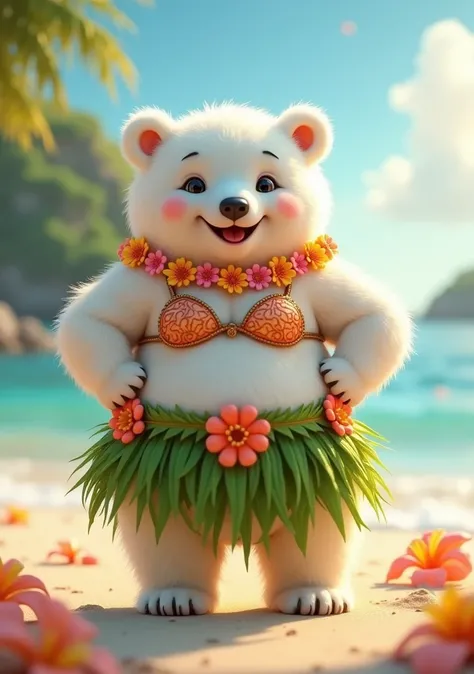 photorealistic portrait of Dressed animals - a ((fat)) (baby polar bear) hula dancer,(art by Carne Griffiths),(happy smile:1.5),(), high quality,(lovely) 8hands on hips),, ((female hula dance costume)) ,highly detailed flower decorations, wearing bikini to...