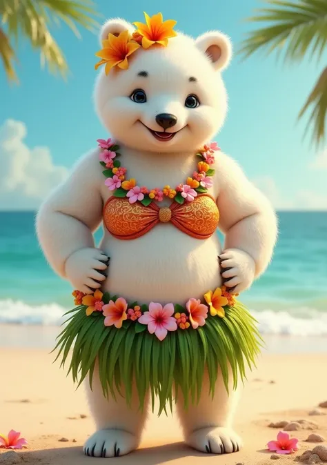 photorealistic portrait of Dressed animals - a ((fat)) (baby polar bear) hula dancer,(art by Carne Griffiths),(happy smile:1.5),(), high quality,(lovely) 8hands on hips),, ((female hula dance costume)) ,highly detailed flower decorations, wearing bikini to...