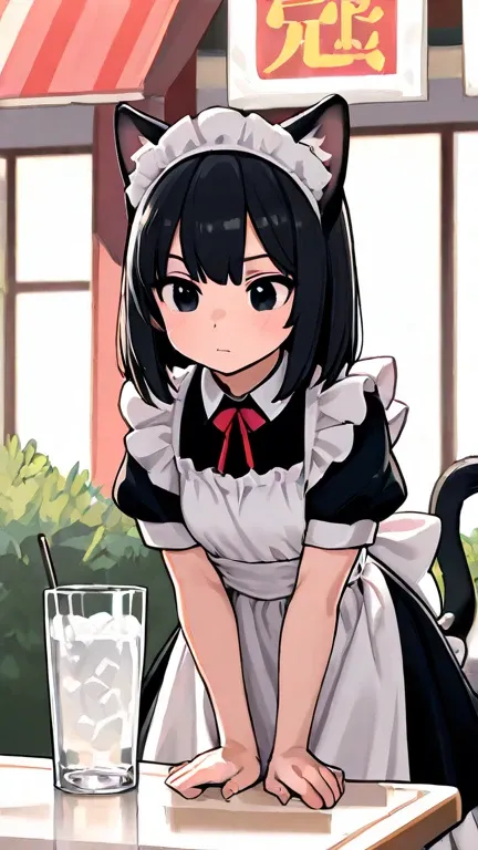        black hair, Glass, cat ears, cat&#39;   s Tail, Maid,     shopping at the market    