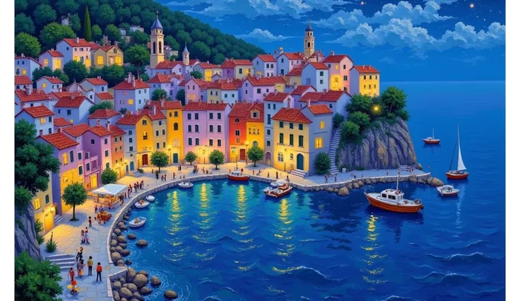  Draw a night scene with a boat in the water,  Mediterranean Fishing Village ,  Sparkling Bay , Mediterranean landscape ,  Artjam and Gailan , Mediterranean landscape , Detailed Dreams,  mediterranean city ,   A bustling magical town  ,  Magical Village , ...