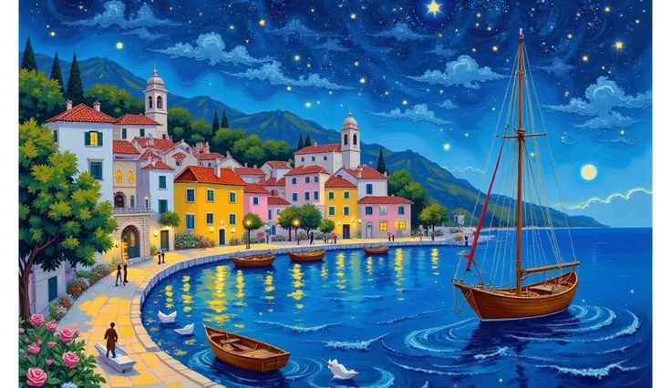  Draw a night scene with a boat in the water,  Mediterranean Fishing Village ,  Sparkling Bay , Mediterranean landscape ,  Artjam and Gailan , Mediterranean landscape , Detailed Dreams,  mediterranean city ,   A bustling magical town  ,  Magical Village , ...