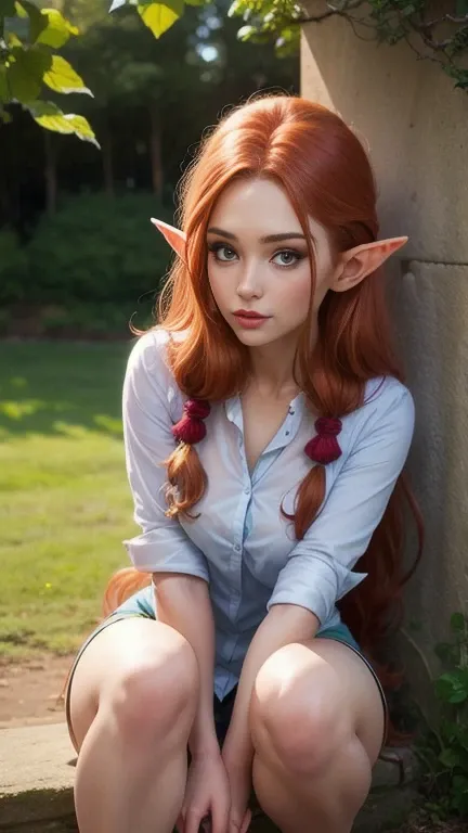 elf girl in a men's shirt,  one arm between legs , Very long red hair, tenderness, charm, Love