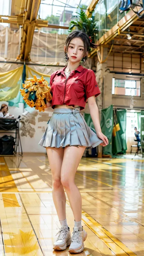 A beautiful young Japanese woman, 20 years old, with perfect anatomy, healthy thighs, beautiful feet, flawless skin, random hair color and style, large bust, (she is standing:1.2), wearing a cheerleader uniform with micro-pleated miniskirt, in a full body ...