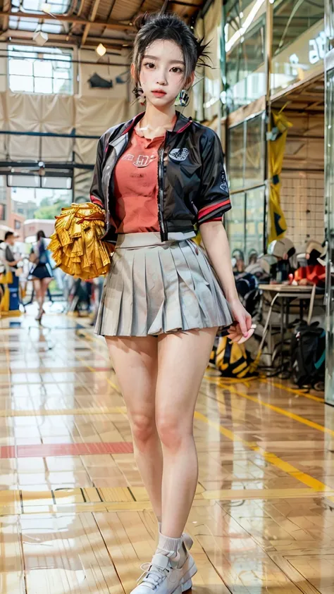 A beautiful young Japanese woman, 20 years old, with perfect anatomy, healthy thighs, beautiful feet, flawless skin, random hair color and style, large bust, (she is standing:1.2), wearing a cheerleader uniform with micro-pleated miniskirt, in a full body ...