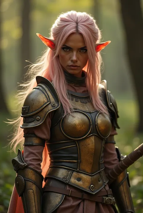 Upper body shot, North African woman, pointy elf ears, caramel skin, pale pink hair, closed mouth, antique bronze armor, combat pose, dynamic pose, complex fantasy character, NSFW, cinematic lighting, fantasy, magic, detailed background, on a wooded battle...