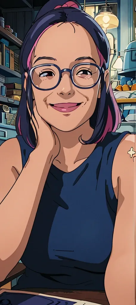 smiling woman with glasses and a blue top sitting at a table, 2 , 38 years old, 3 , 2 , 2 , 30 years old woman, 3 0 years old woman, 3 , slight nerdy smile, 35 years old, 3 , cute slightly nerdy smileghibli style, ((masterpiece)),((best quality)),(detailed...