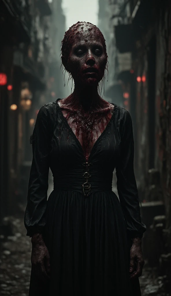 an horror image of a headless human, the head is already cut, with bleeding neck, wearing a black dress, the background is dark alley, with red lights hints, horror, complex texture, masterpiece, high detailed image.