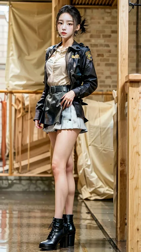 beautiful Japanese woman, 22 years old, perfect anatomy, healthy thighs, beautiful legs, beautiful skin, random hair color, random hairstyle, large breasts, female police officer, (Japanese police uniform:1.3), (miniskirt:1.3), (she is standing:1.2), full ...