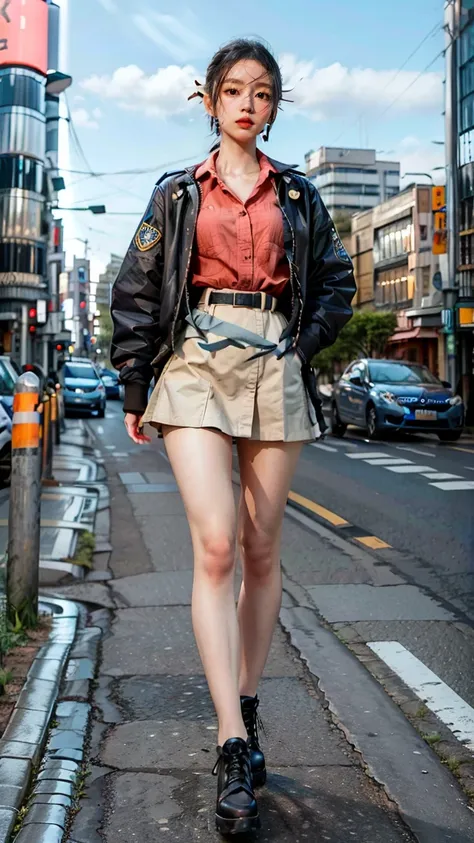 beautiful Japanese woman, 22 years old, perfect anatomy, healthy thighs, beautiful legs, beautiful skin, random hair color, random hairstyle, large breasts, female police officer, (Japanese police uniform:1.3), (miniskirt:1.3), (she is standing:1.2), full ...