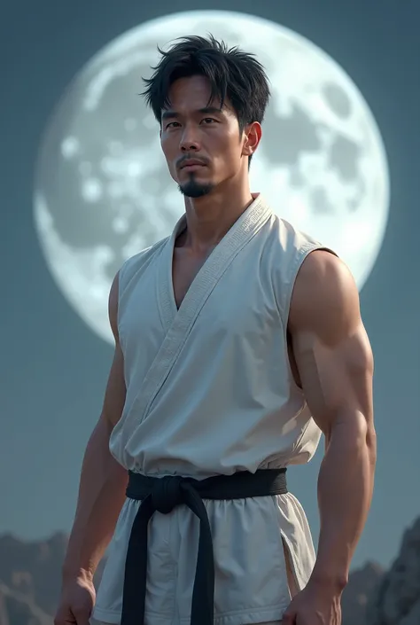 realistic, full body, 20 years young asian man, muscle, black short hair, wearing white karate suit with no sleeves, strap beard, moon background