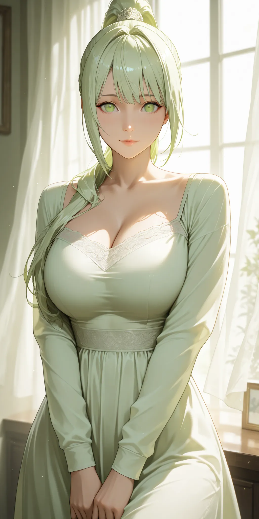 Masterpiece, newest, high contrast, high quality, ultra HD,very aesthetic, vibrant, mature female, hinata hyuga, high ponytail long hair, light green hair color, light green eye color, camisole, perfect breast, upper body, ultra detailed, highres, best qua...