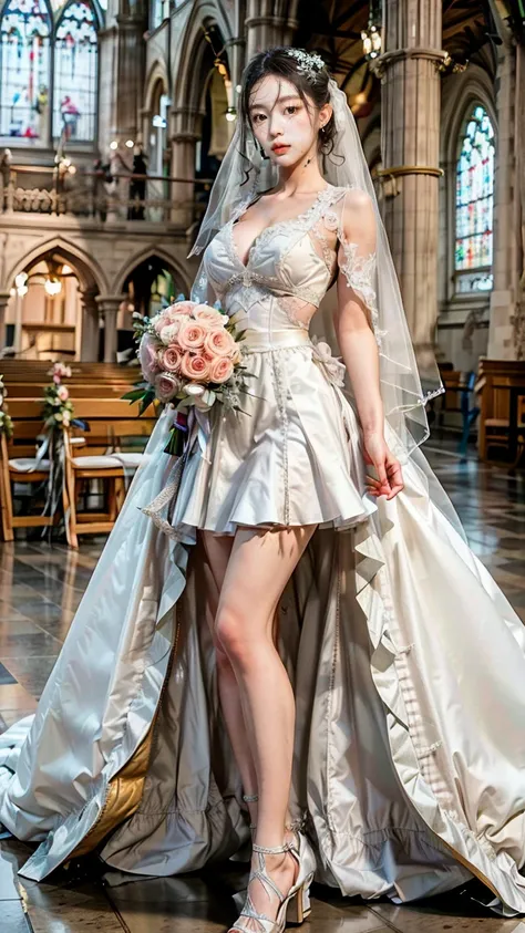 A beautiful young Japanese woman, 26 years old, with healthy thighs, beautiful legs, flawless skin, random hair color and style, large breasts, wearing a (wedding dress:1.3), (she is standing:1.2), full body shot, high heels, holding a bouquet in her hands...