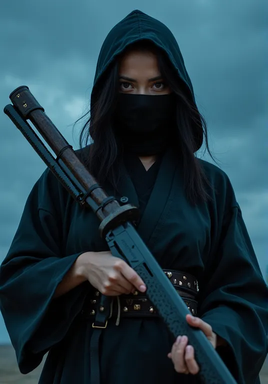  (((Female ninjas in the Edo period))),  (( a perfectly beautiful 20 year old Japanese female ninja)),  (((A mask only visible to the eye))), ((( Face Up ))), ((( Mad Max holding a shotgun))),　((( Holding Japanese Swords ))), (((強烈なインパクトの Masterpiece写真))),...