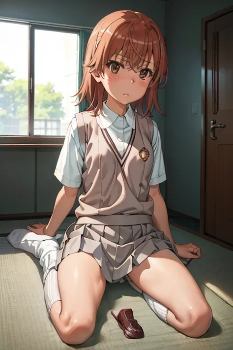 Mikoto misaka.、A Certain Scientific Railgun、girl、Small breasts、whole body,blush,Short sleeve blouse、Beige knit vest、Darkgrey plain pleated skirt、White loose socks, shoes,best quality,