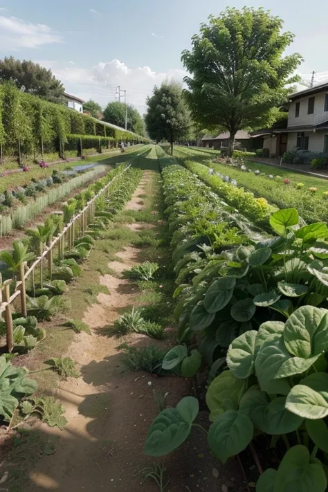 Prompt:
"A well-organized vegetable garden with multiple types of crops growing in neat rows. In the foreground, lush tomato plants with vibrant green leaves spread across the soil. Behind them, rows of large leafy greens, possibly mustard greens or bok ch...