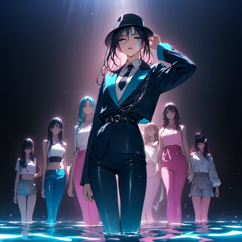   best quality、Ultra-precise depiction、  bright colors、 beautiful girl 、One person、40 years old、 Height、 long foot、 accurate facial depiction、Dark outdoors、In the pool、 starry sky 、 spotlight 、turquoise lighting、magenta tuxedo、 shirt、 tie、 bust up、  wet ha...