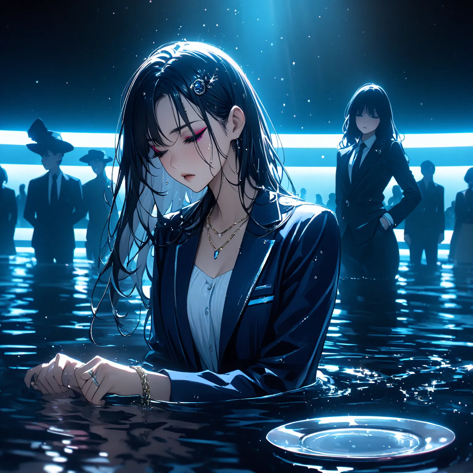   best quality、Ultra-precise depiction、  bright colors、 beautiful girl 、One person、40 years old、 Height、 long foot、 accurate facial depiction、Dark outdoors、In the pool、 starry sky 、 spotlight 、turquoise lighting、magenta tuxedo、 shirt、 tie、 bust up、  wet ha...