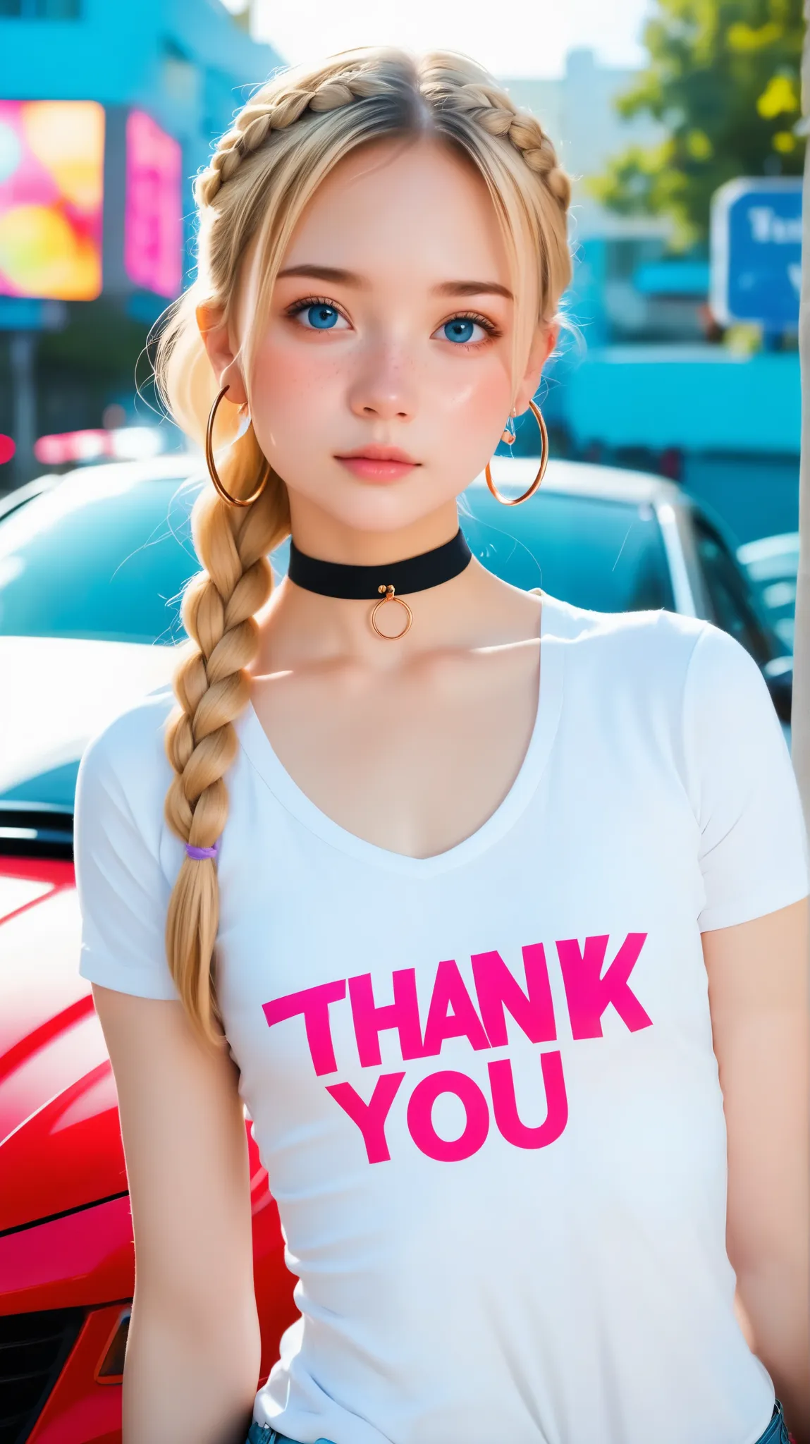  1 girl,  sexy girls,  braids,  cute face, nice,  cute, ,  face,  pale skin on a street car,  freckles,  blond french braid, Very real face,  no makeup,  expressionless,  staring at the camera, thank you for your slim thighs,  body, ,    innocent looks  , ...