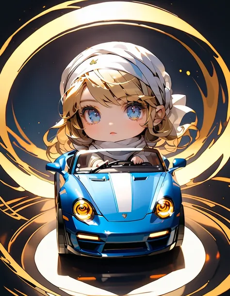 (Photorealistic vintage open sports car), マッハ号、detailed chrome trim, smooth blue body,white stripes, glossy black rims, glossy paint, Woman in sunglasses, blonde, scarf、head scarf、cute girl driving, dramatic lighting, cinematic angles, intricate engine det...