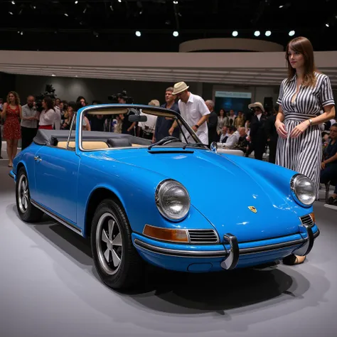 ((Photorealizim, 8k rendering, maximum quality , high detail ,))  close-up porshe 911 , at the presentation at the auto show , Blue ,  girl stand attendant in a dress and 1960s style, 1960xx  ,Italy, gorgeous retro photo , porshe 911 car in blue  , photore...