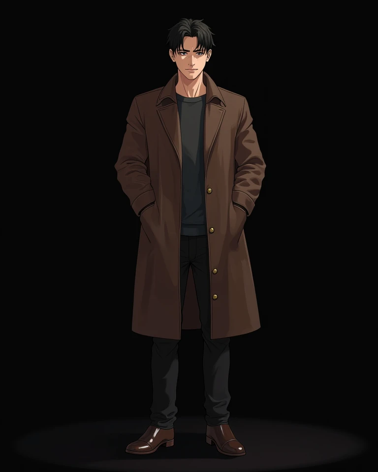  anime style illustration,  has a black background, Leather shoes,  standing picture, brown long coat, criminal, dark-haired man in his 20s, lack of sleep,  sleepy face, Hunchback, Eyes are black,  unmotivated face on the face,  no highlight in eye, No fac...