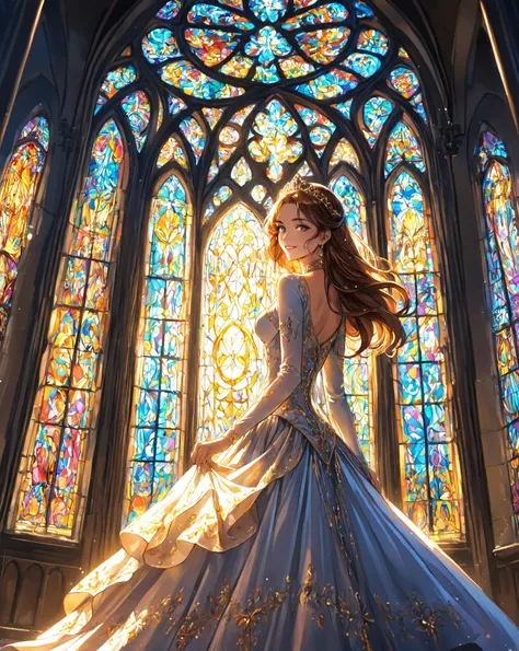  anime、 anime調、 animeイラスト、2D、手描き風 anime、Moe art、 girl manga 、 stained glass、Illuminated by stained glass light、Wide angle super full body shot of a woman at an angle from an angle、（Retrospective beauty pose , skirt）、A Beautiful Teenage Woman( big smile ful...