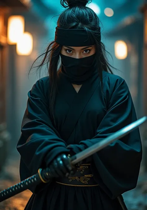  ((( Female Ninja from the Warring States Period ))),  (( a perfectly beautiful 20 year old Japanese female ninja)),  (((目だけ見えているMasked))), ((( Face Up ))), ((( Mad Max holding a shotgun))),　((( Holding Japanese Swords ))), (((強烈なインパクトの Masterpiece写真))),  ...