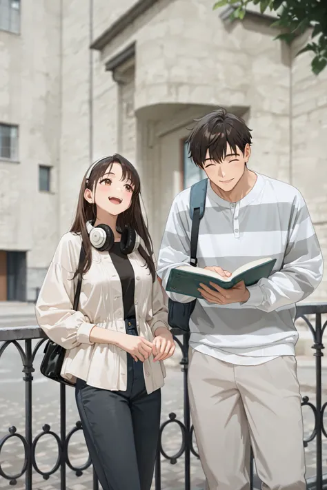 Masterpiece, hd, best quality, 2d, anime, couple, standing, outdoor, wearing casual outfit, smile, happy, opened eyes, brown eyes, headphones, holding books