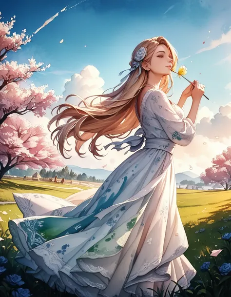 A woman in a flowing dress, digital art, official art, blowing in the wind, masterpiece, beautiful, ((watercolor)), paint splatters, complex details, detailed, [flowing:0.5], popular on ArtStation, by Rachel Walker