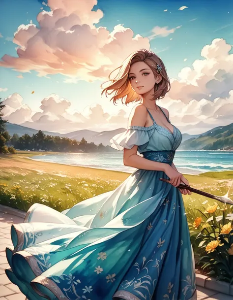 A woman in a flowing dress, digital art, official art, blowing in the wind, masterpiece, beautiful, ((watercolor)), paint splatters, complex details, detailed, [flowing:0.5], popular on ArtStation, by Rachel Walker