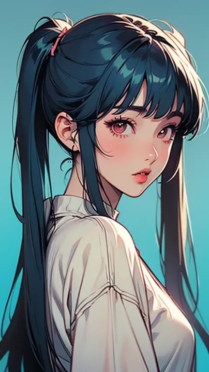 (best quality, sketch:1.2), realistic, illustrator, anime, 1 woman, detailed lips, sweater, custom, blue gradient background, neon hair, pigtails, blunt bangs, textured cropping, masterpiece, style retro classic, noir dark