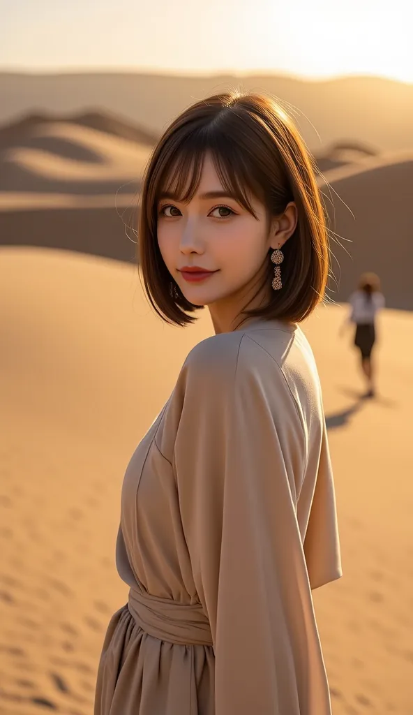 12K、hdr、 bit depth 10bit with old clothes、The model is in the desert、Stay with camels、Desert Outfit、golden desert、I can see the sunset、 Random Hairstyles 、An image showing the model's full body:1.5、 The vast desert can be seen in the background、 random pos...