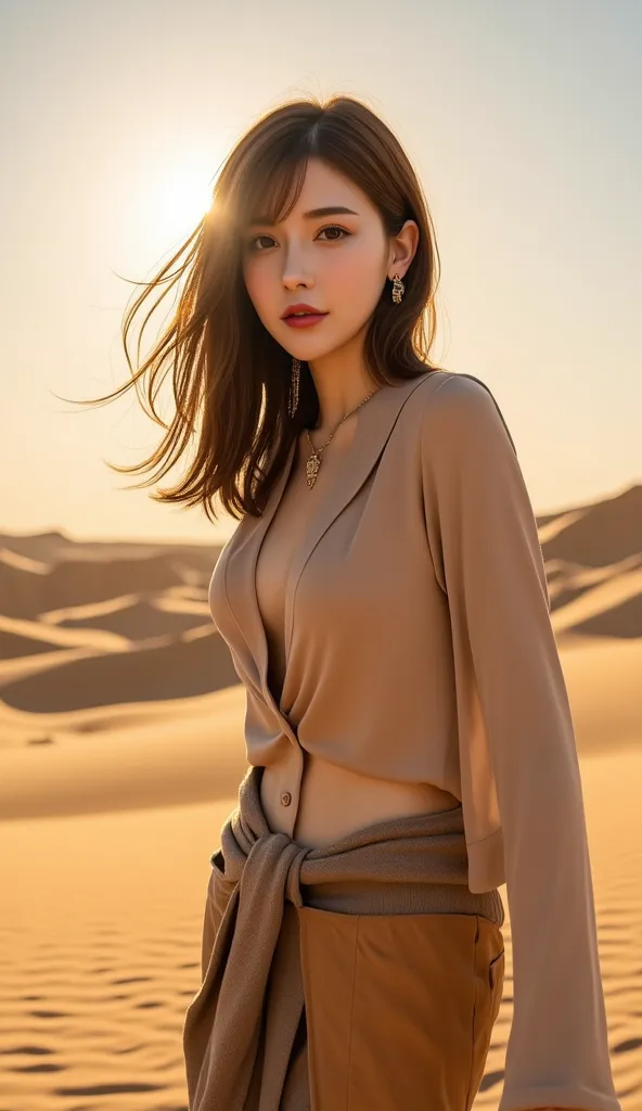 12K、hdr、 bit depth 10bit with old clothes、The model is in the desert、Stay with camels、Desert Outfit、golden desert、I can see the sunset、 Random Hairstyles 、An image showing the model's full body:1.5、 The vast desert can be seen in the background、 random pos...