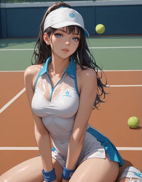 solo focus,  1girl , (masterpiece, high quality:1),  sexy sports girl in sports tennis sexy clothes, leans on hands ,  flirts with the viewer ,  blue eyes.  black long hair, slim sexy,  s tennis clothes , with tennis cap  