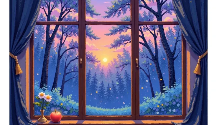  An acrylic painting ， A painting of a window with a view of the forest, David B . Martinley ,  Behance contest winning work , Simple Art,  Thomas Kincaid . Forest Room,  just a joke ,  fantastic forest ,  watercolor forest , Fairytale Forest, Watercolor m...