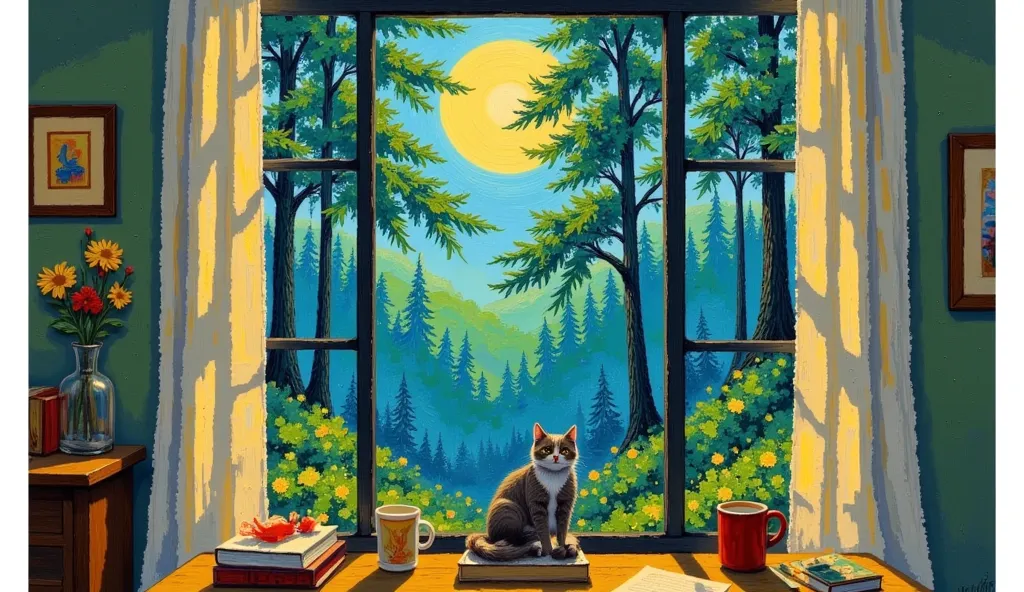  An acrylic painting ， A painting of a window with a view of the forest, David B . Martinley ,  Behance contest winning work , Simple Art,  Thomas Kincaid . Forest Room,  just a joke ,  fantastic forest ,  watercolor forest , Fairytale Forest, Watercolor m...